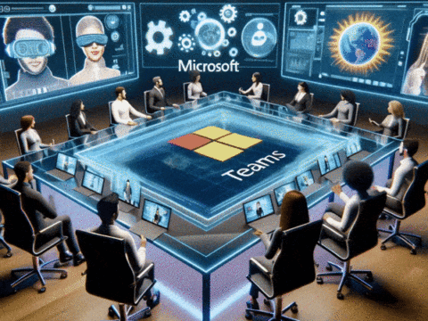 Ein futuristischer Konferenzraum in einer virtuellen 3D-Welt, in dem verschiedene Avatare um einen holografischen Tisch mit einem Microsoft Teams-Logo sitzen.
