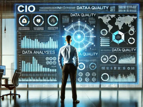 Ein CIO, der vor einem großen Bildschirm steht und Datenanalysen betrachtet, um die Bedeutung der Datenqualität zu verdeutlichen.