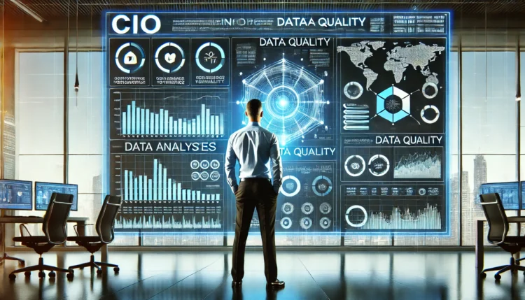 Ein CIO, der vor einem großen Bildschirm steht und Datenanalysen betrachtet, um die Bedeutung der Datenqualität zu verdeutlichen.